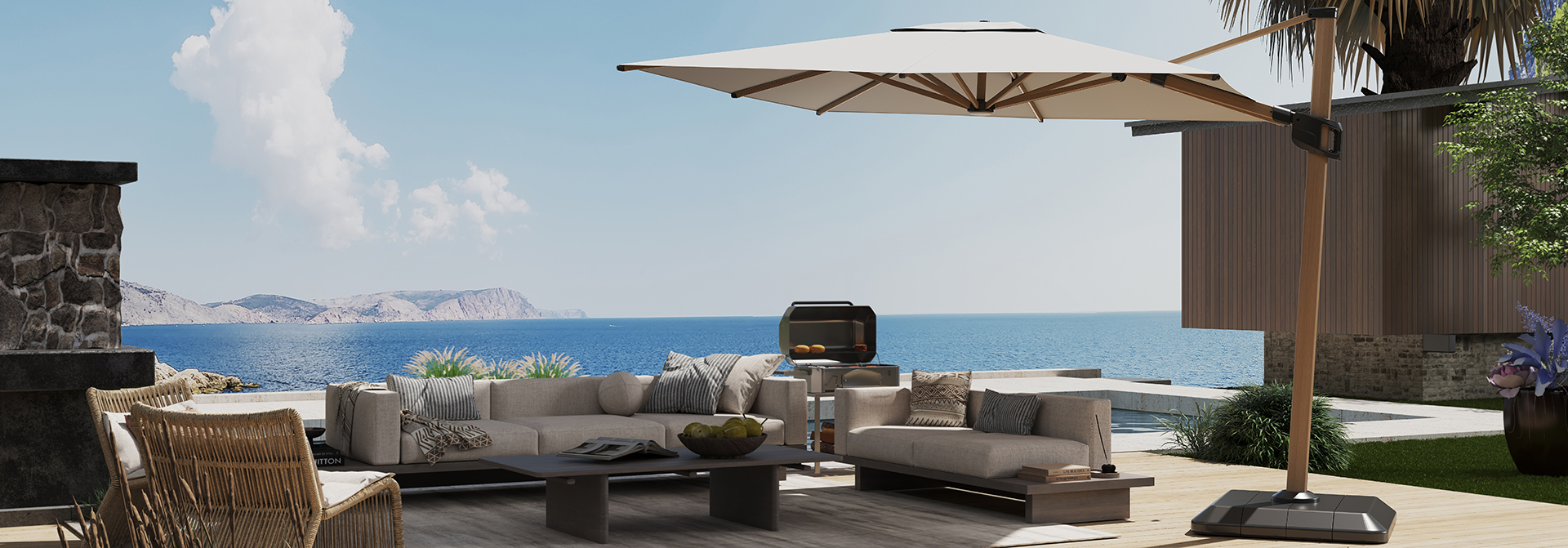 Garden cantilever parasol in a natural setting