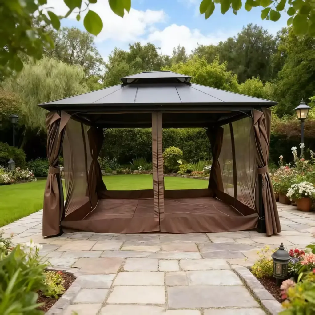 Garden gazebo fitted with a custom parasol canopy