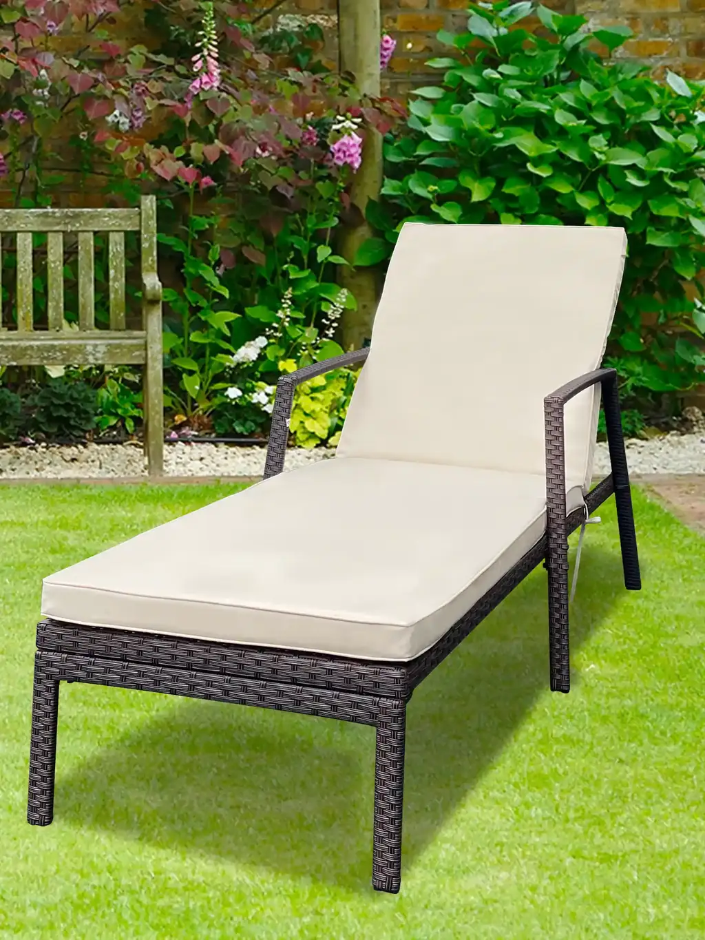 Decorative parasol shading outdoor lounge chairs