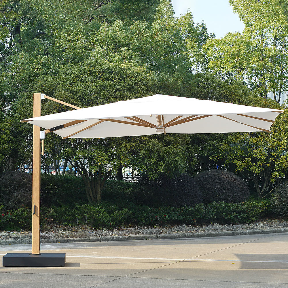 Large made-to-measure parasol over an outdoor lounge setting