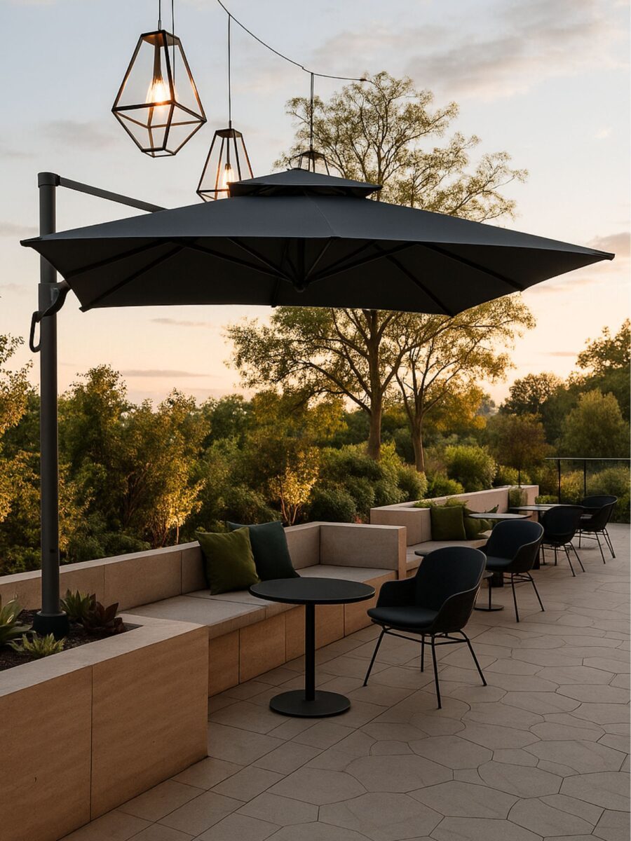 Restaurant terrace fitted with hospitality parasols
