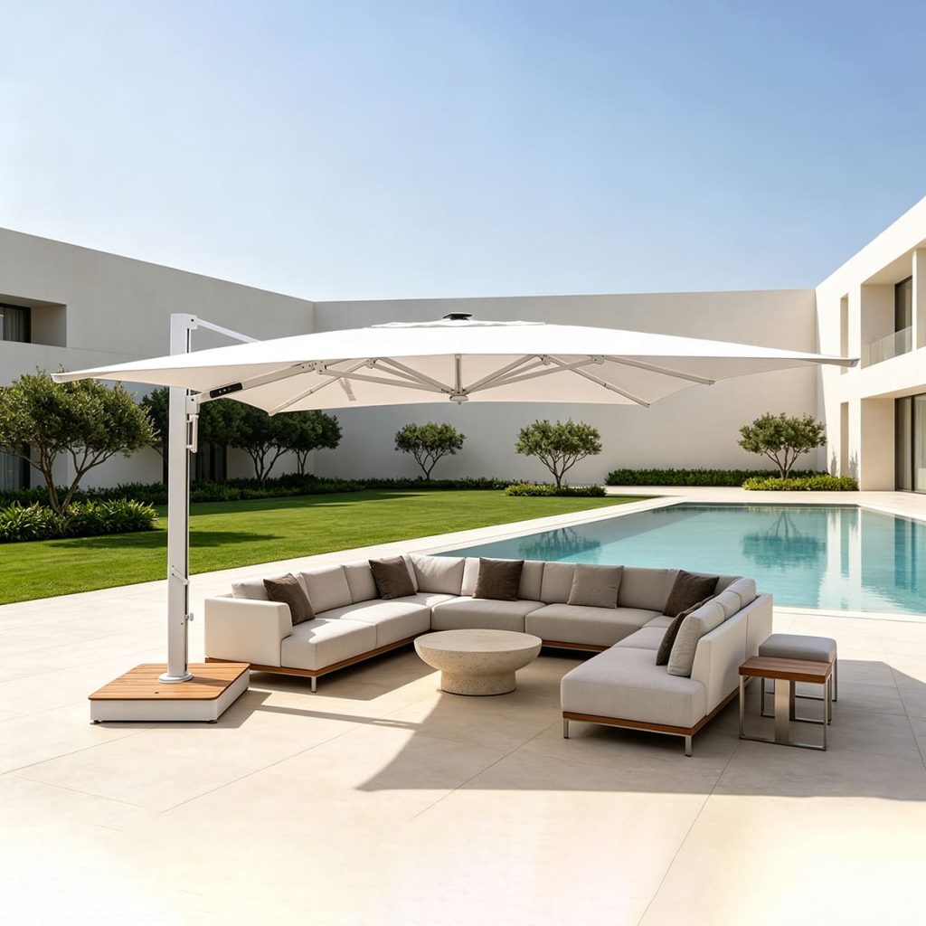 Giant 4x4 metre parasol installed at a poolside project