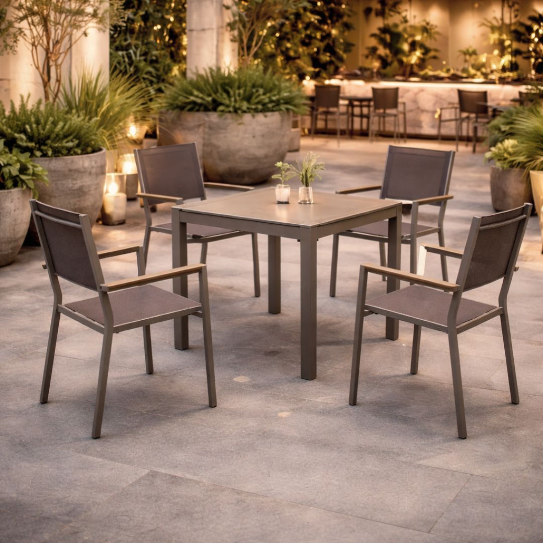 Resort terrace shaded by bespoke parasols
