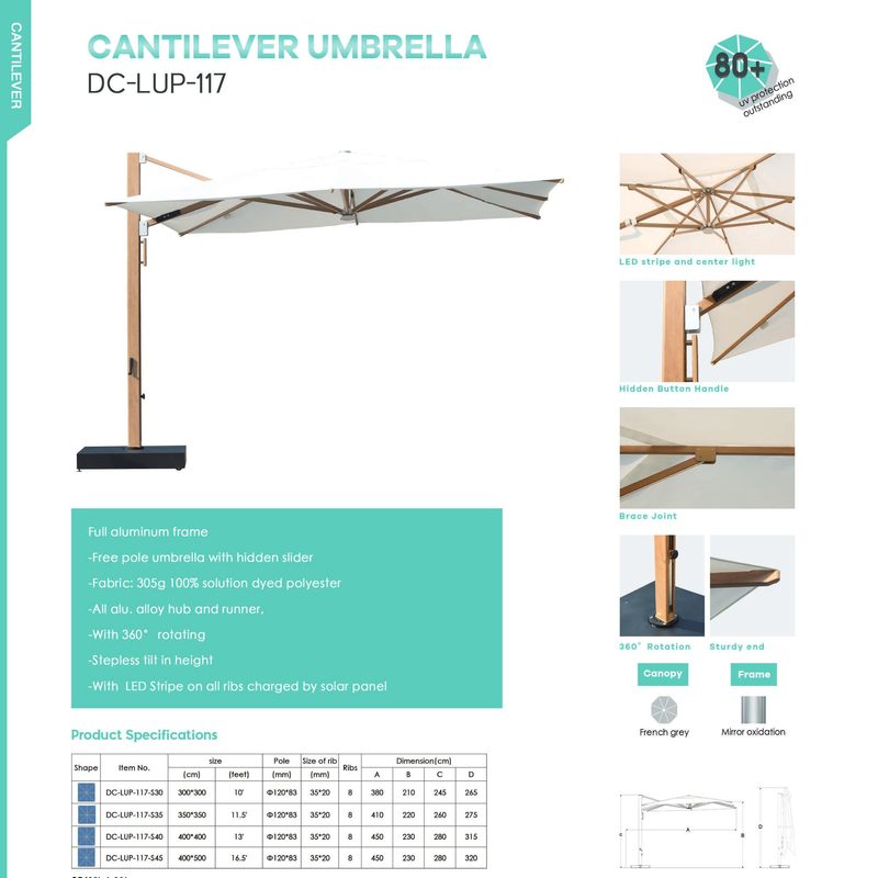 DC-LUP-117 cantilever umbrella catalog sheet with specifications and dimension diagram