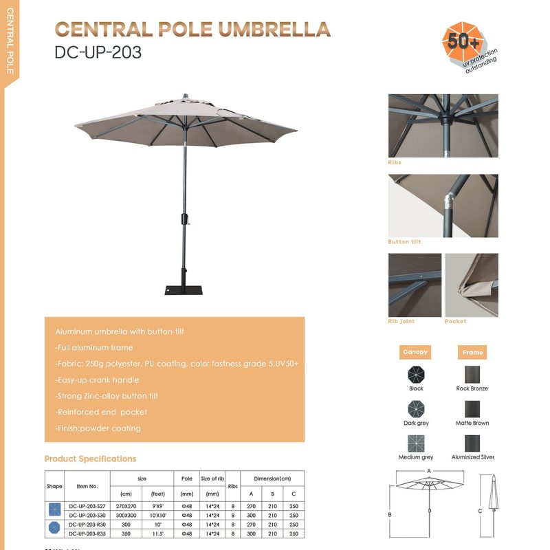 DC-UP-203 central pole patio umbrella catalog sheet