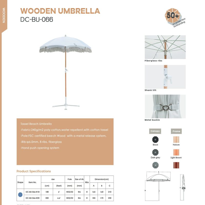 DC-BU-066 tassel beach umbrella with wood-grain aluminum pole