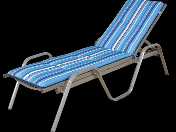 Blue multi-stripe sun lounger cushion on aluminum chaise lounge