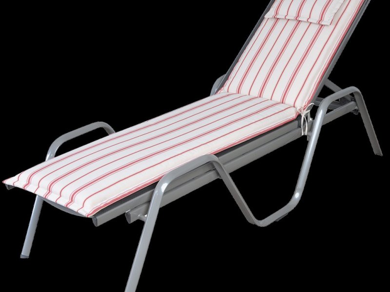 Red and white striped sun lounger cushion on aluminum chaise lounge frame