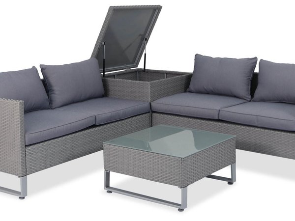 Gray wicker L-shaped sectional sofa with storage compartment and glass coffee table