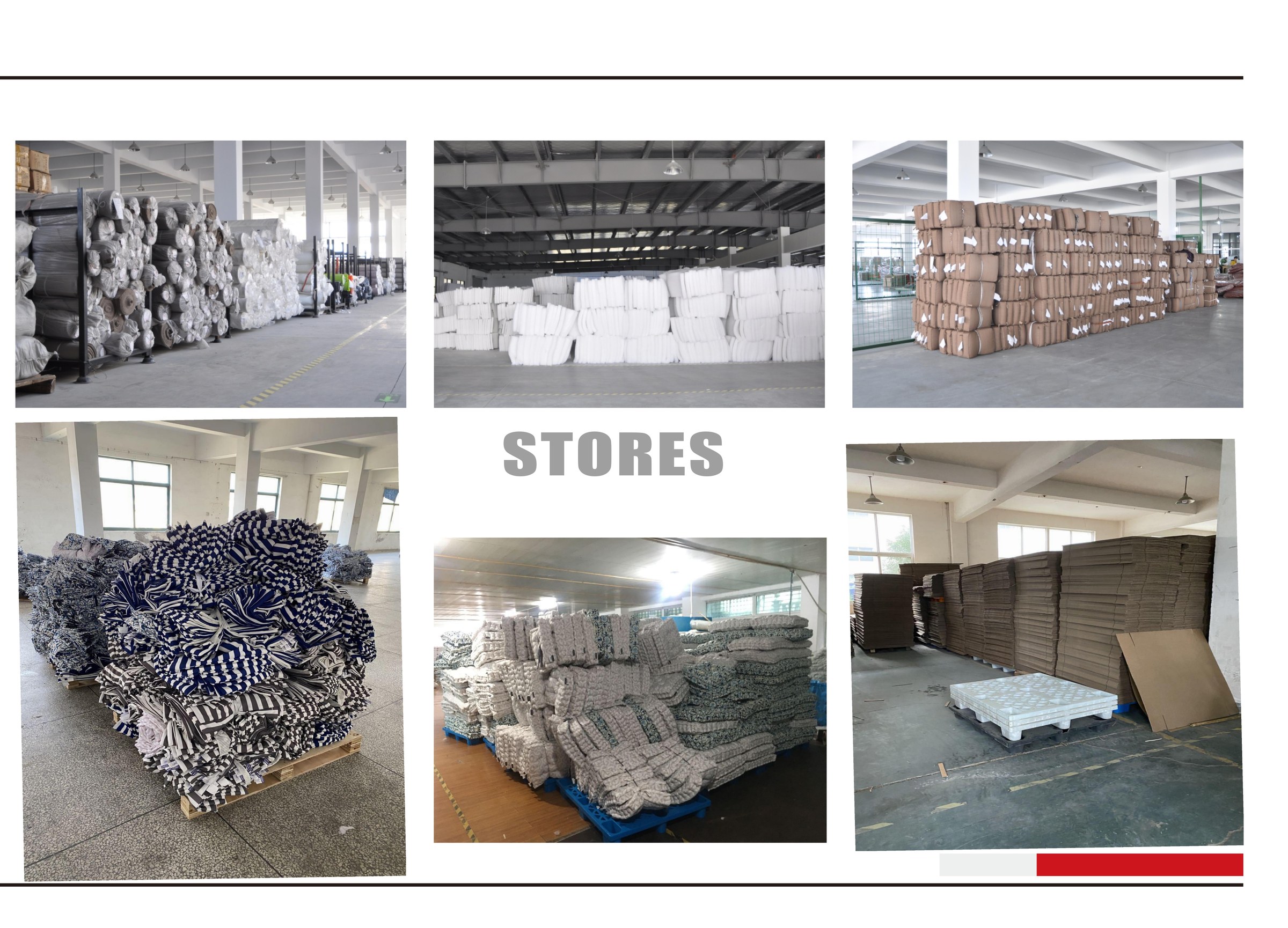 Warehouse storage areas with fabric rolls, bundled textiles and packaging materials