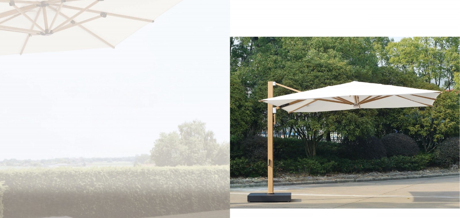 White rectangular cantilever parasol with a wood-look pole and black base on a patio surrounded by greenery
